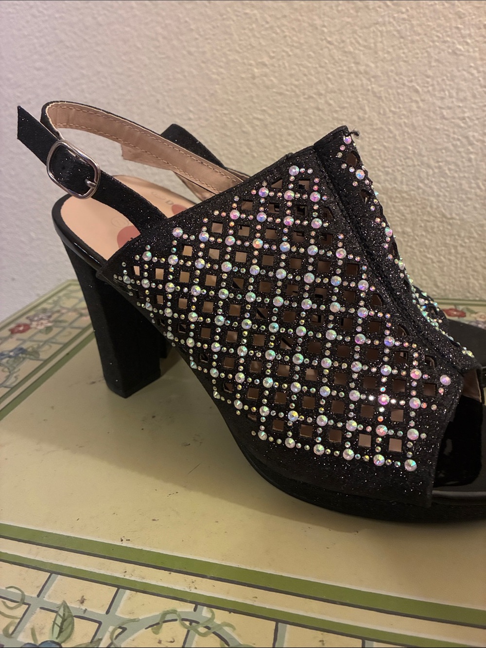 Delicacy Black Crystal-Embellished Open-Toe Slingback Heels